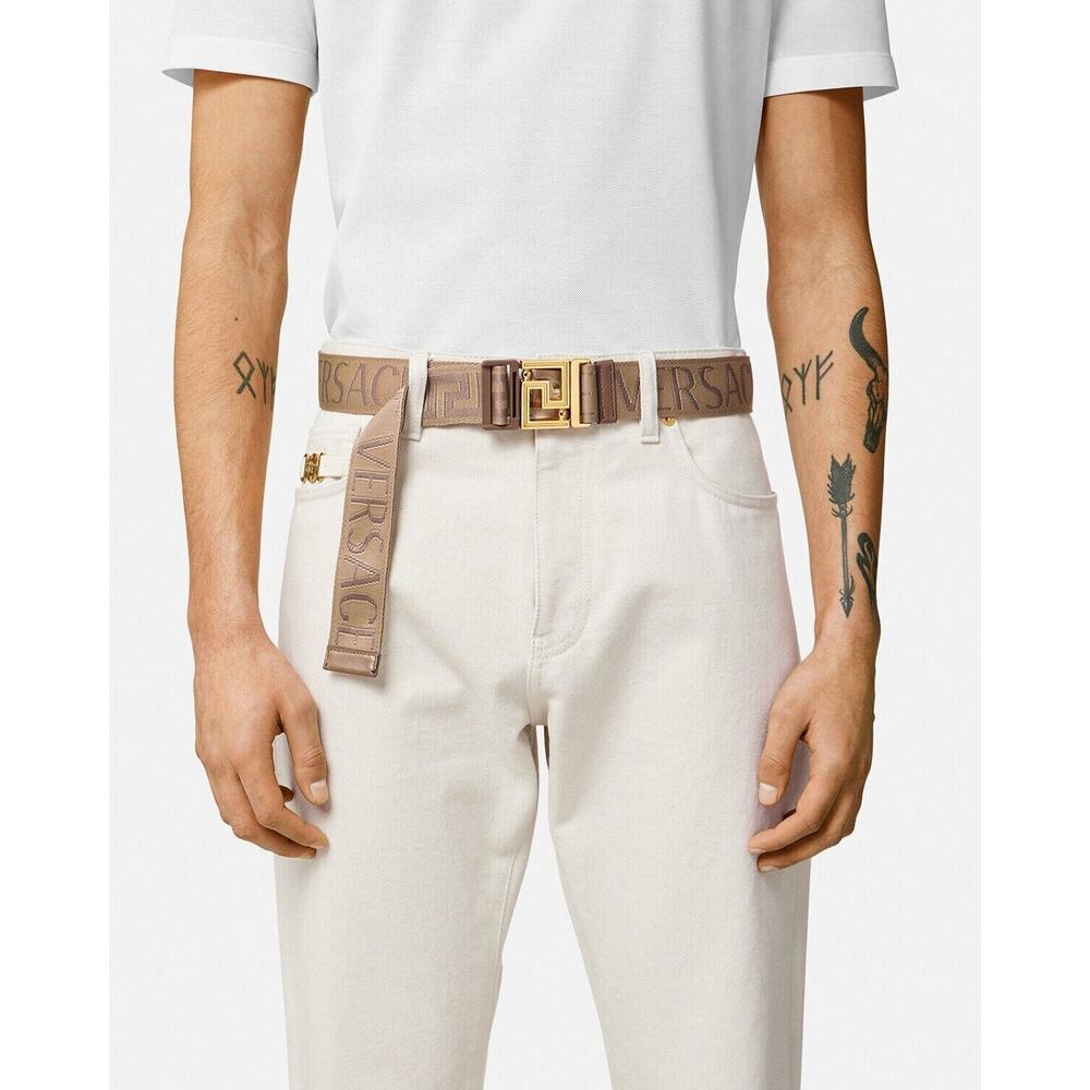 NWT Versace All-Over Logo Reversible Gold Buckle Brown Greca Ribbon Belt $425